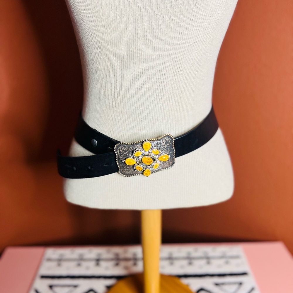 1995 vintage black leather belt with green studded buckle